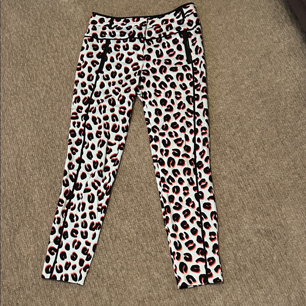 Veronica Beard Light Blue Leopard Print Ankle Pants with Black & Red Accents